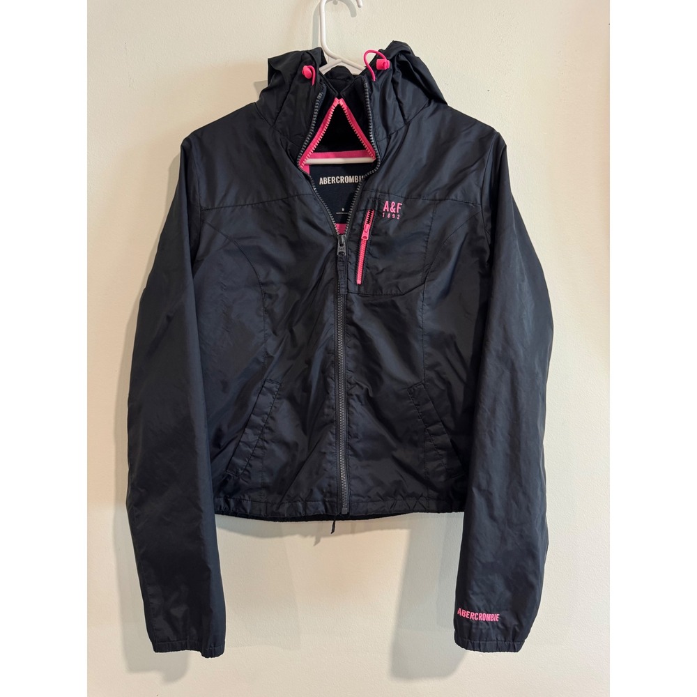 Abercrombie Hooded Windbreaker Jacket girls Size M‎ Navy Blue Pink Zip Up